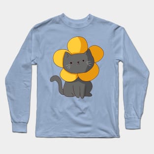 Gray cat flower illustration Long Sleeve T-Shirt
